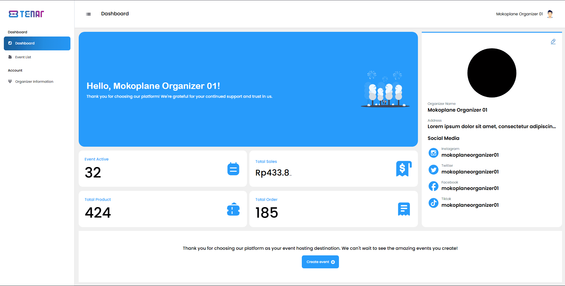Tenar Organizer Dashboard Screenshot